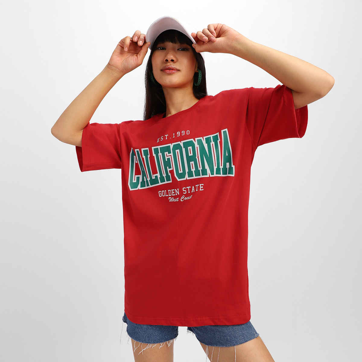 Juneberry Red Tyography Print Oversized Fit T-Shirt - M