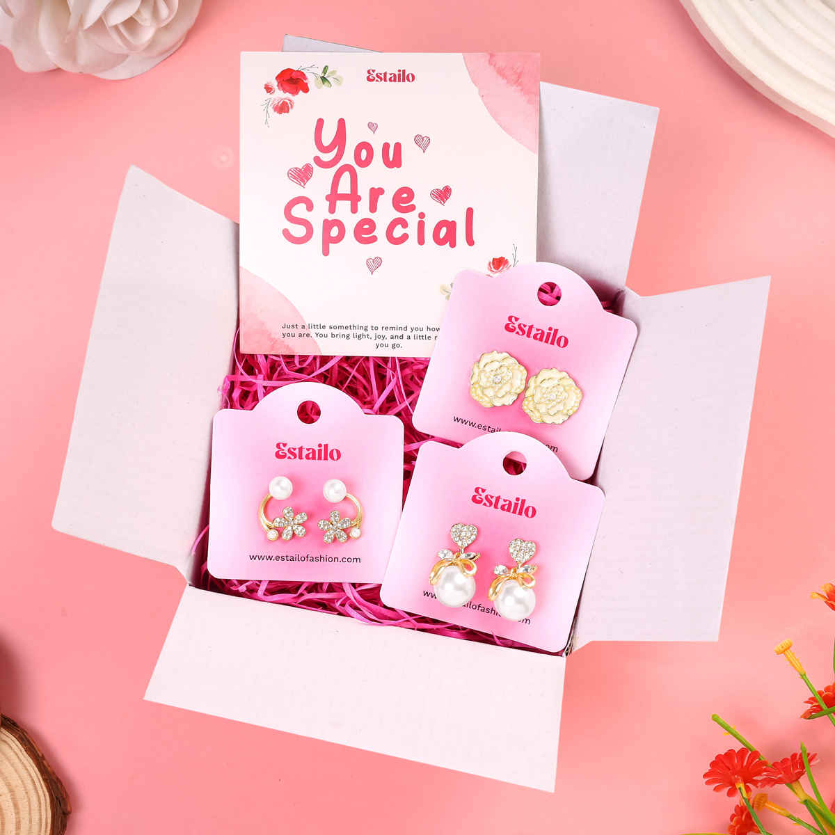 Estailo Fashion 3-Pair Earring Combo Pearl, Whirl & Daisy Studs | Women's Day