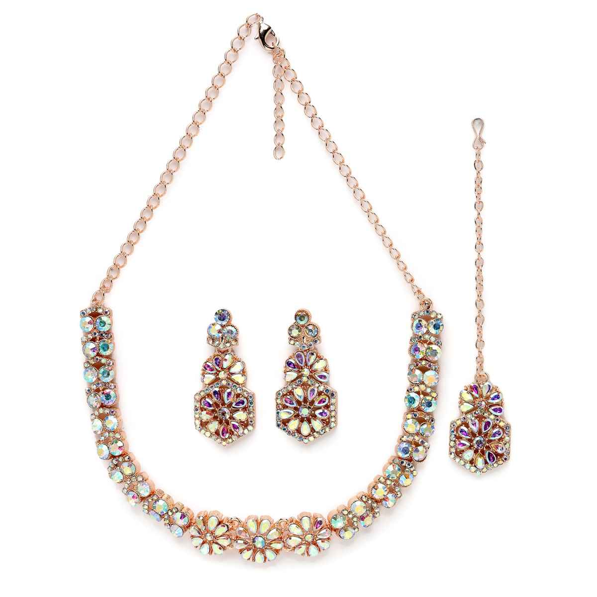 Sukkhi Fusion Rose Gold Plated Collar Bone Necklace Set Earring & Maangtika Set for Women