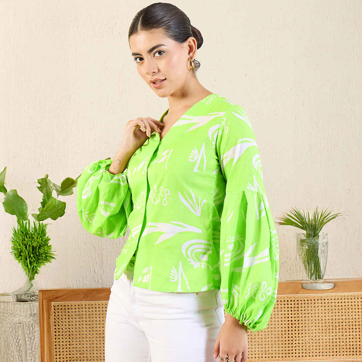 Uptownie Women's Printed Cotton Shirt with Balloon Sleeves | Green - L