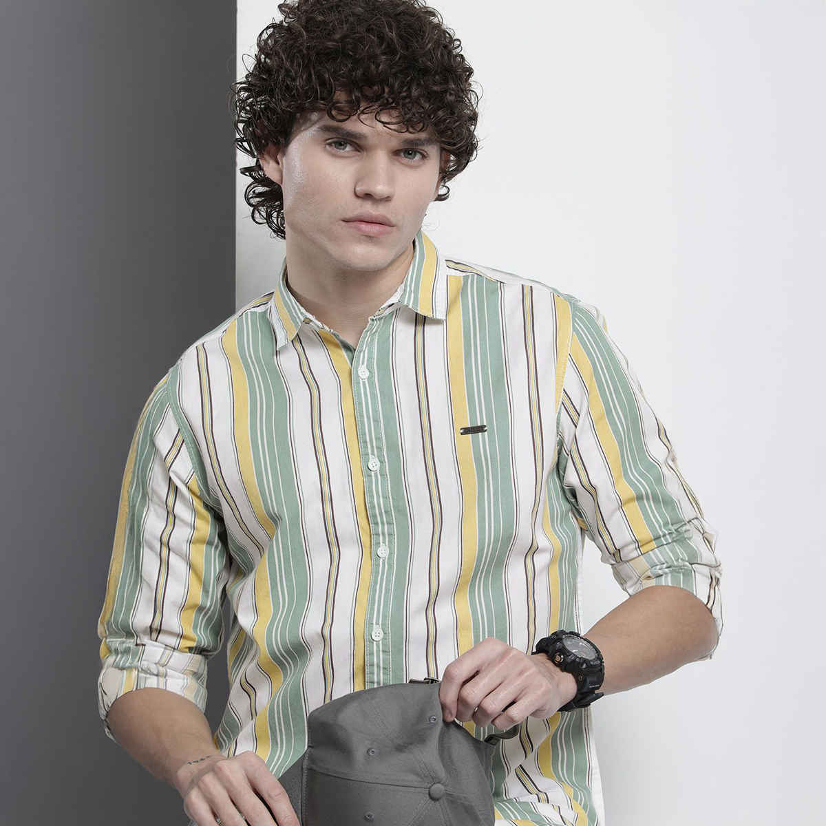 The Indian Garage Co Men's Regular Fit Striped Casual Shirt | Green - M