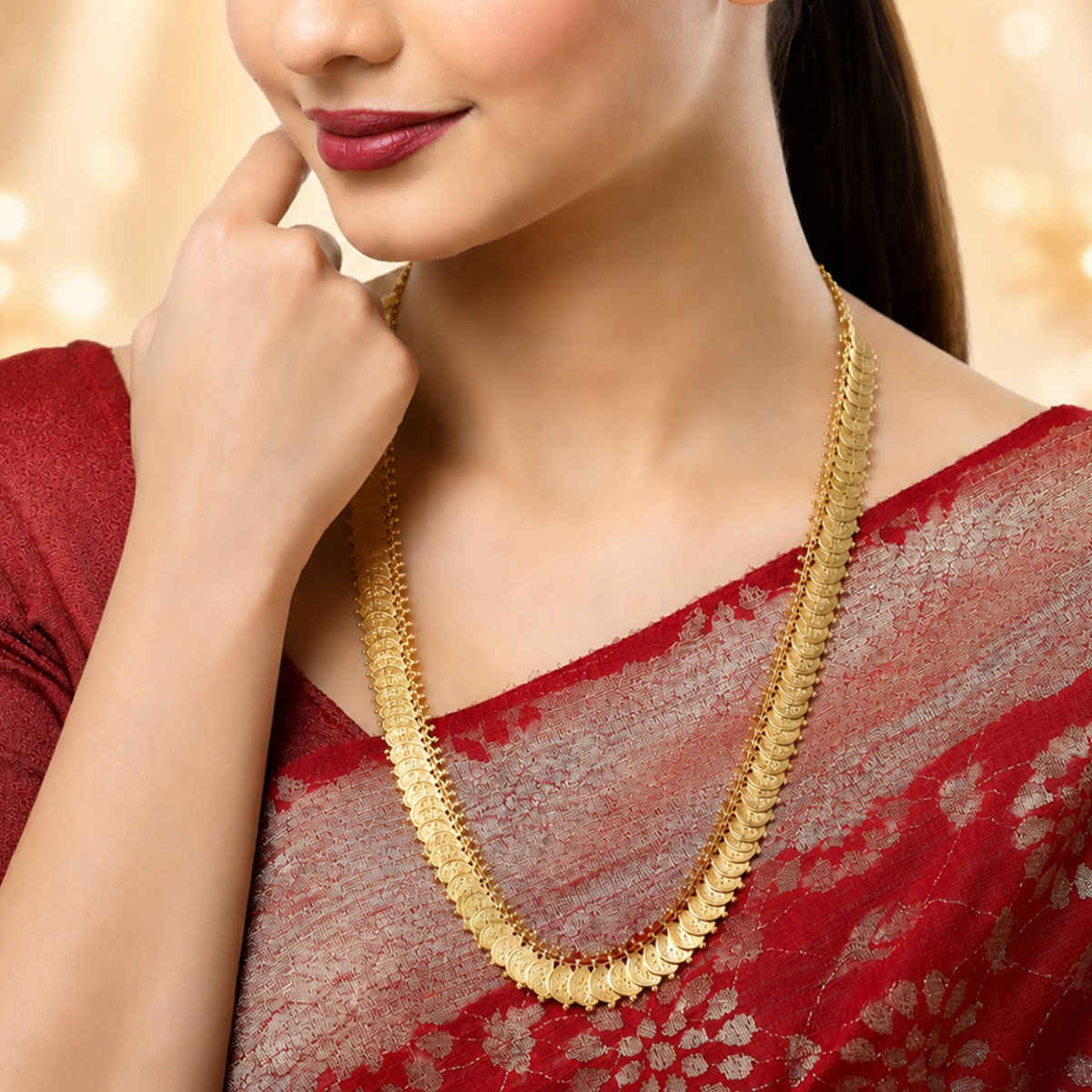 Zeneme Women's Gold-Plated South Indian Pink Lakshmi Kasu Coin Temple Necklace