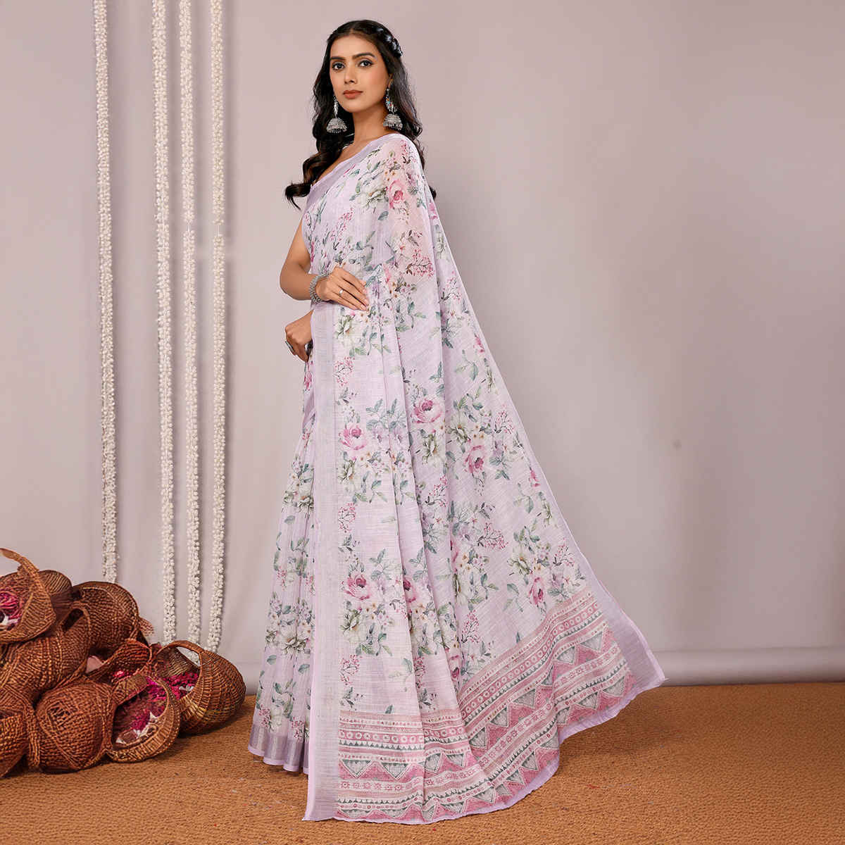 Janasya Women's Cotton Linen Floral Printed Saree with Blouse Piece | SAR445 | Lavender