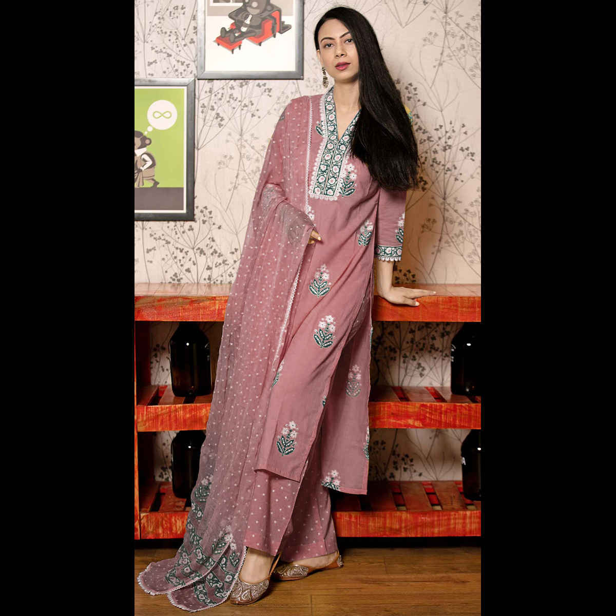 GoSriKi Women's Rayon Blend Straight Printed Kurta with Pant & Dupatta | BELAGAVI | Purple - M