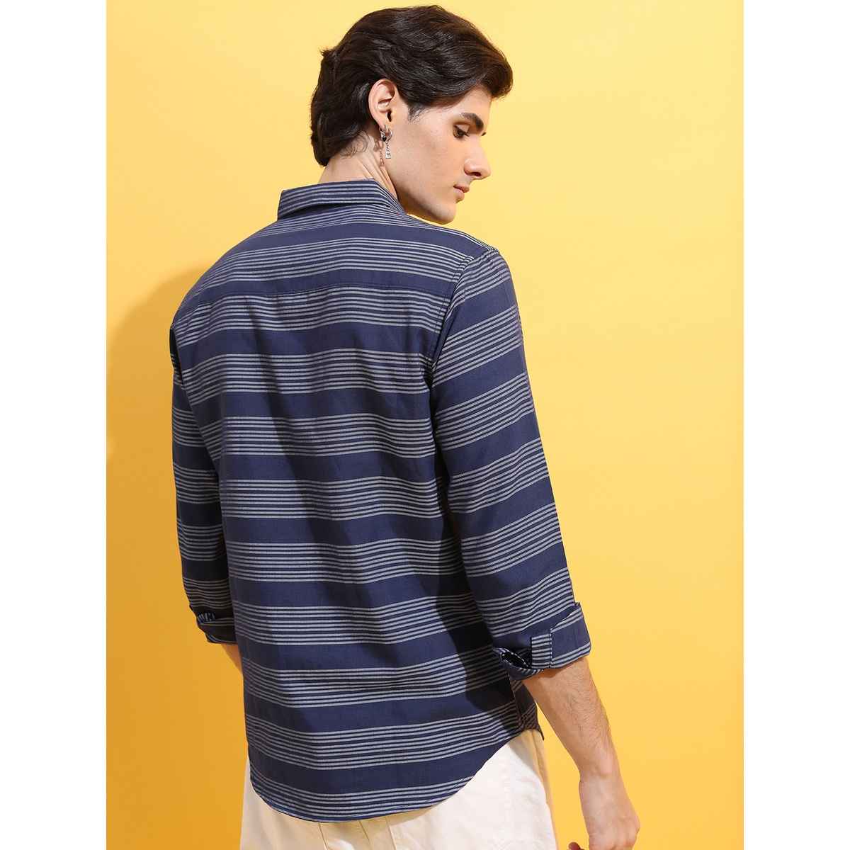 Ketch Men Slim Fit Striped Spread Collar Casual Shirt | Blue | M