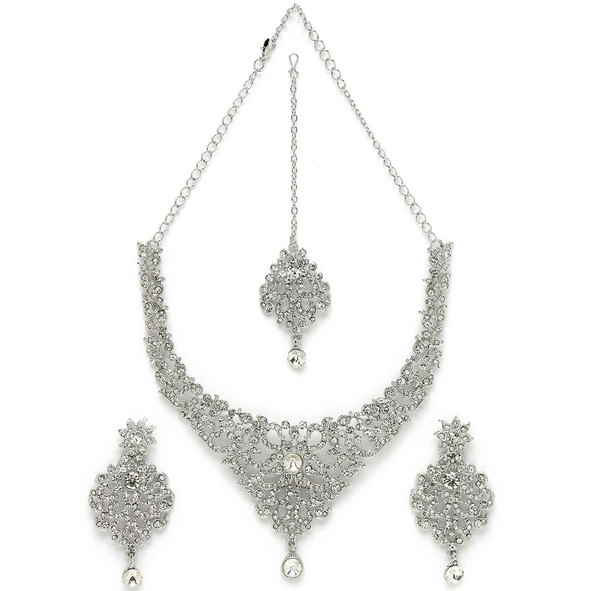 Sukkhi Luminous Rhodium Plated Silver Stone Studded Choker Necklace Set