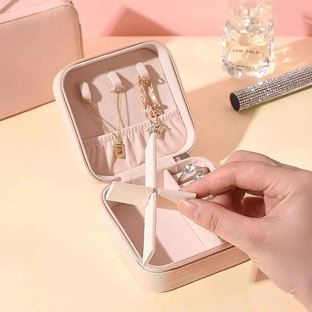 YouBella Jewellery Organiser PU Leather Zipper Portable Storage Box Case (Style 1) - Pink