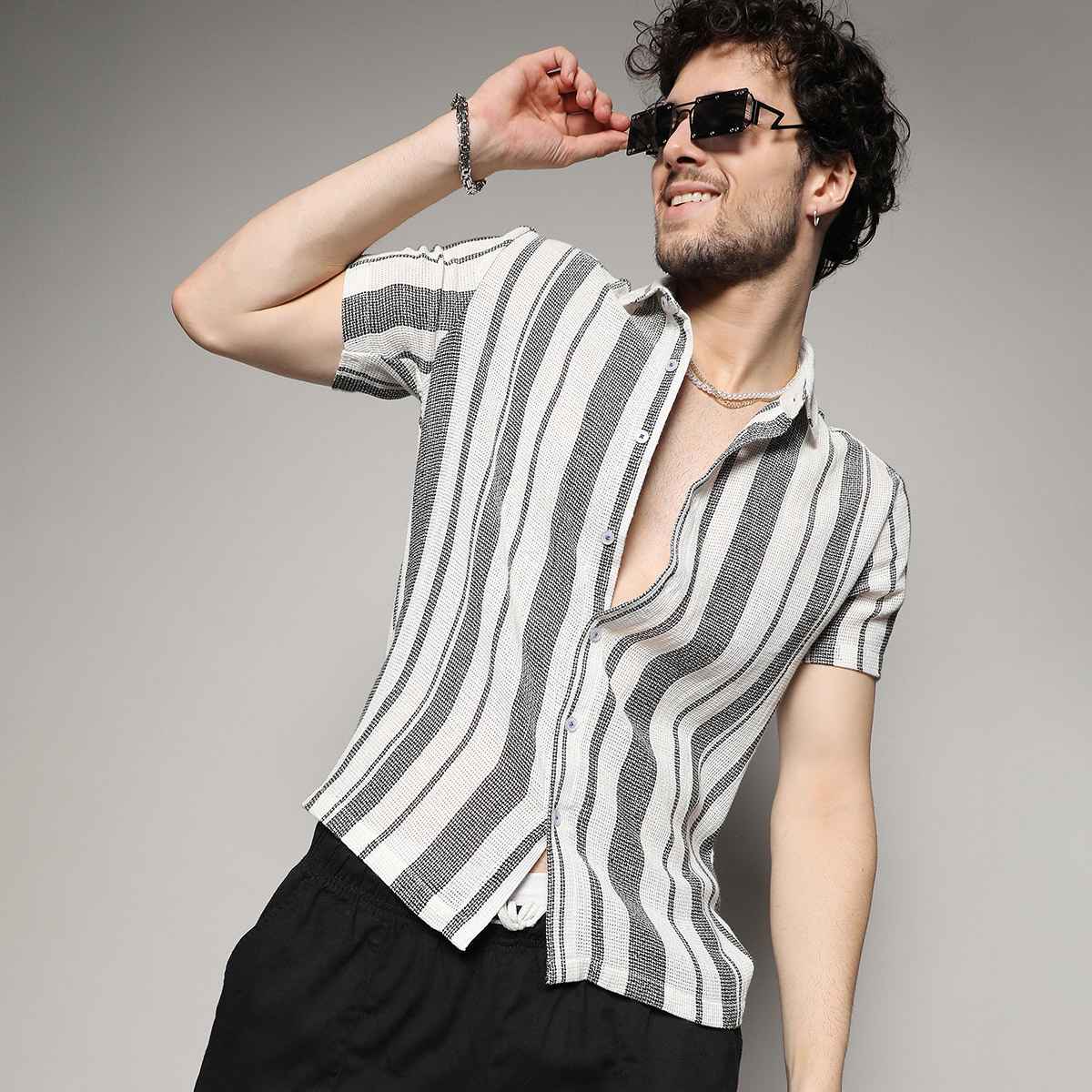 Campus Sutra Men's Unbalanced Striped Woven Shirt | Multicolour - XL