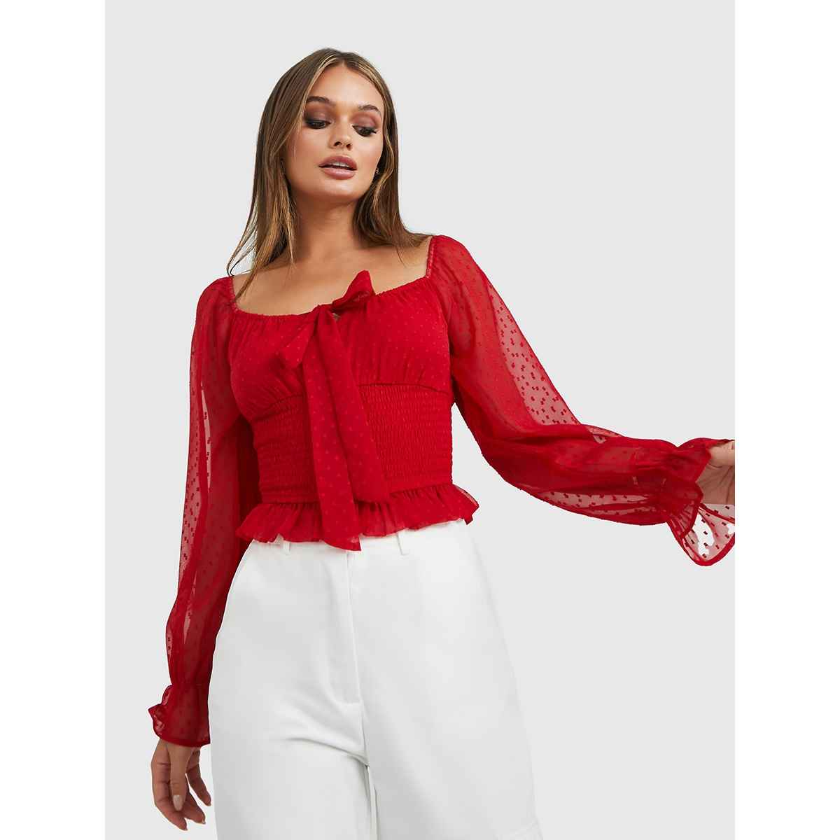 Styli Women's Regular Fit Blouse with Swiss Dot Fabric, Sweetheart Neck and Long Sleeves | Red - XL