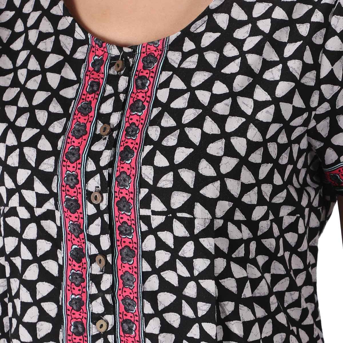 Nihsamah Women's Cotton Essential Button-Up Nighty | Full Length | Black & White - L