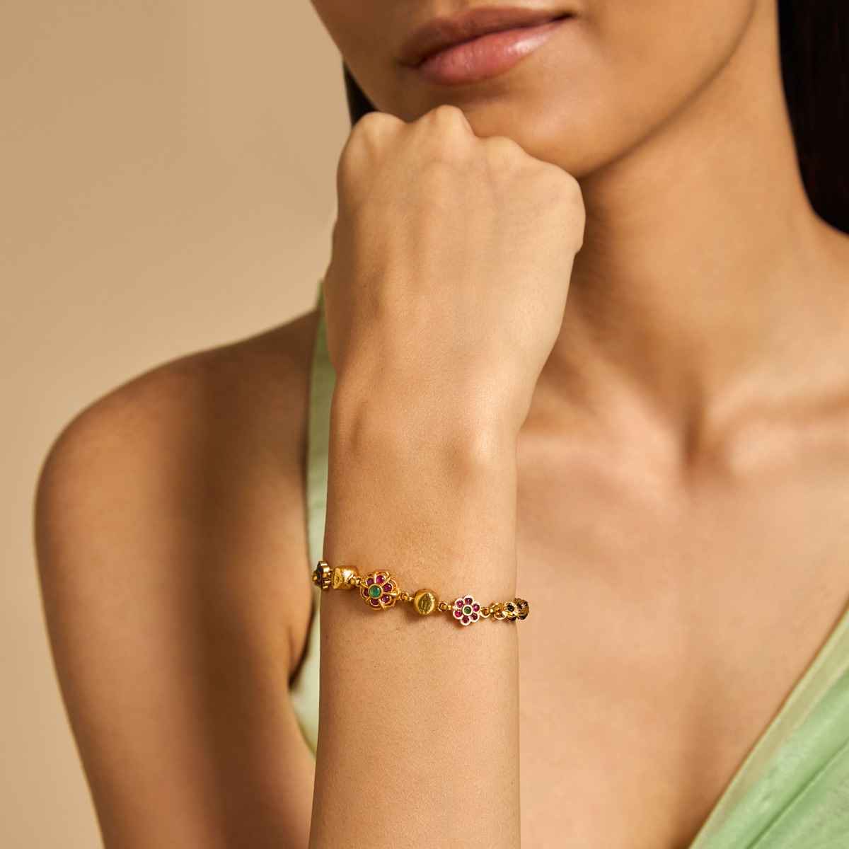 Kushal s Fashion Jewellery Ruby-Green Gold-Plated Synthetic Stones Antique Bracelet | 416924