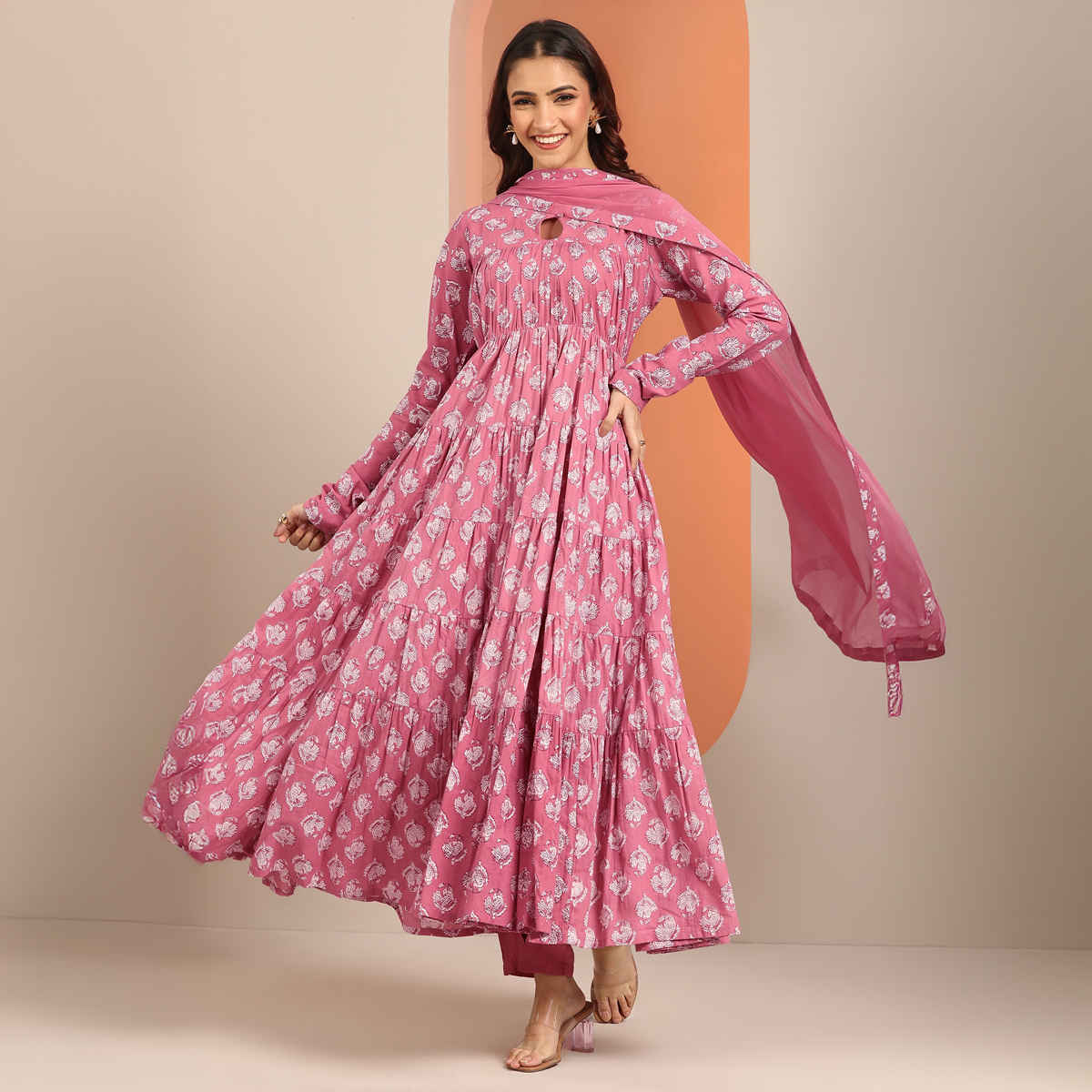 Libas Printed Cotton Anarkali Suit Set With Dupatta | 400501H | Mauve - M