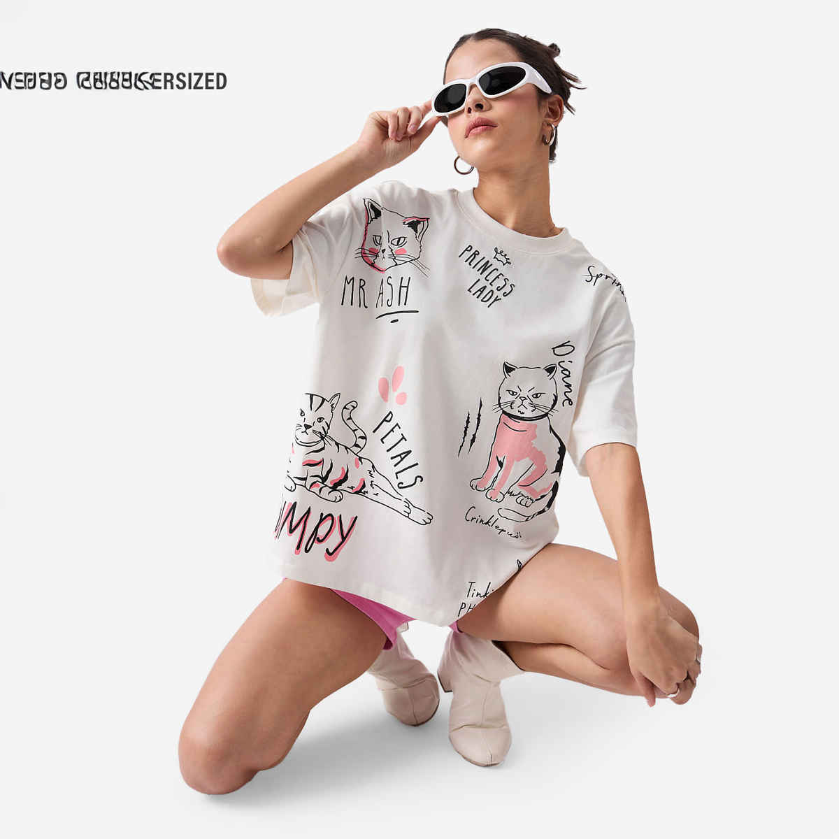 The Souled Store Women's The Office Angela's Cats Oversized T-shirt | White - S