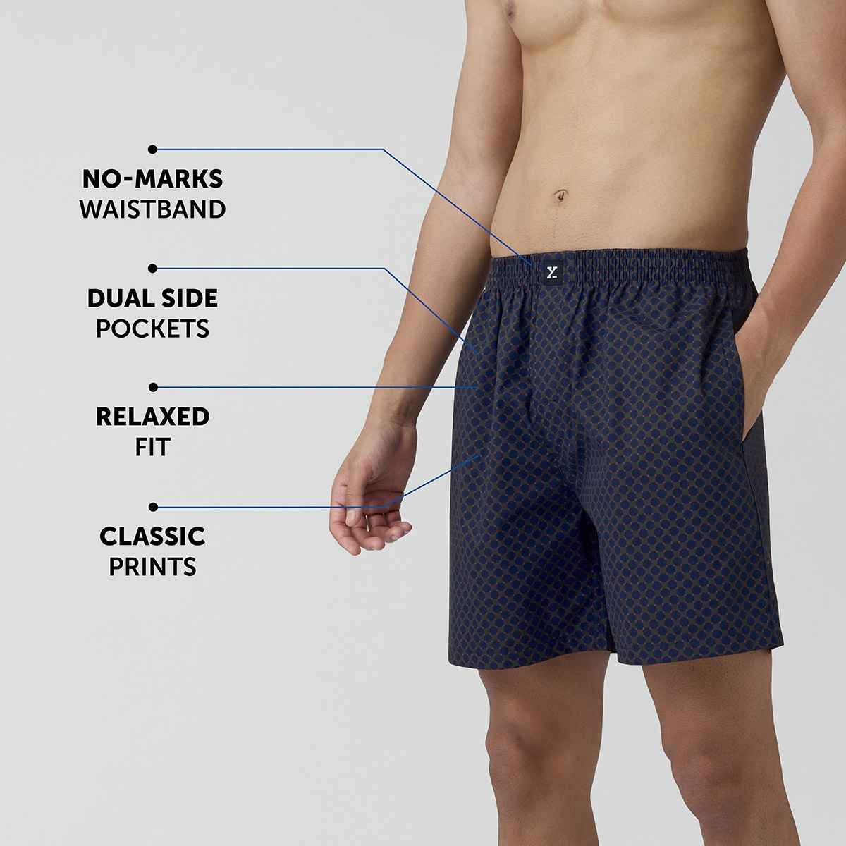 XYXX Men's Cotton Printed Boxer Shorts with Side Pockets, Blue Circle| S
