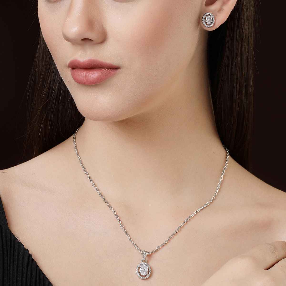 Zeneme Rhodium-Plated American Diamond-Studded Oval Necklace and Earrings For Women & Girls