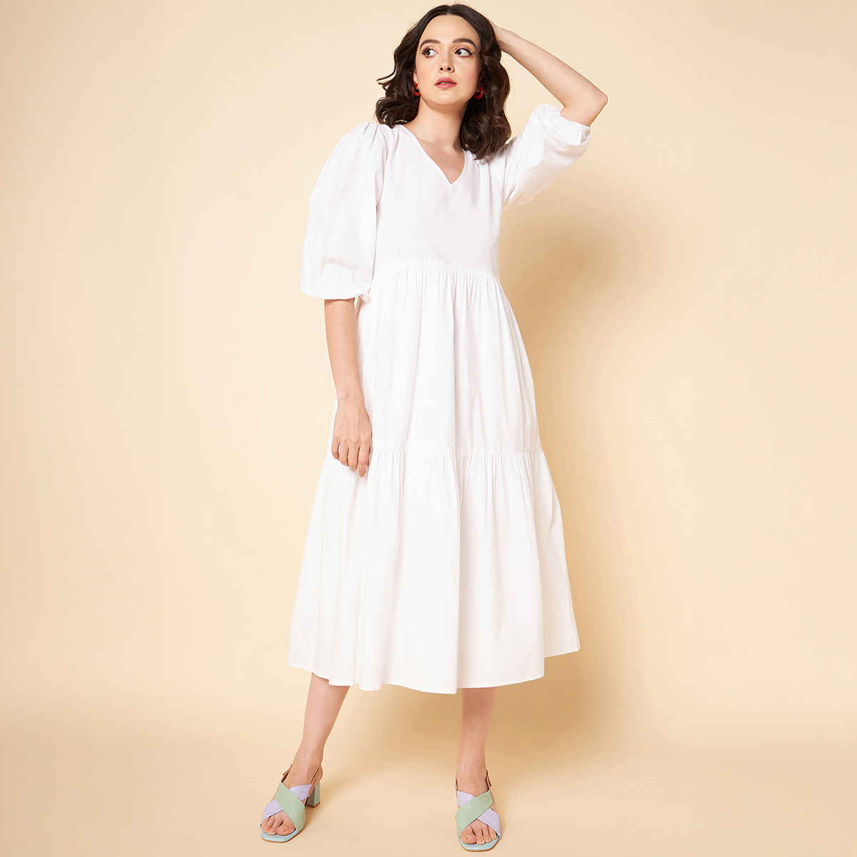 High Star Women's Puff Sleeves Tiered Pure Cotton Fit & Flare Midi Dress | White - L