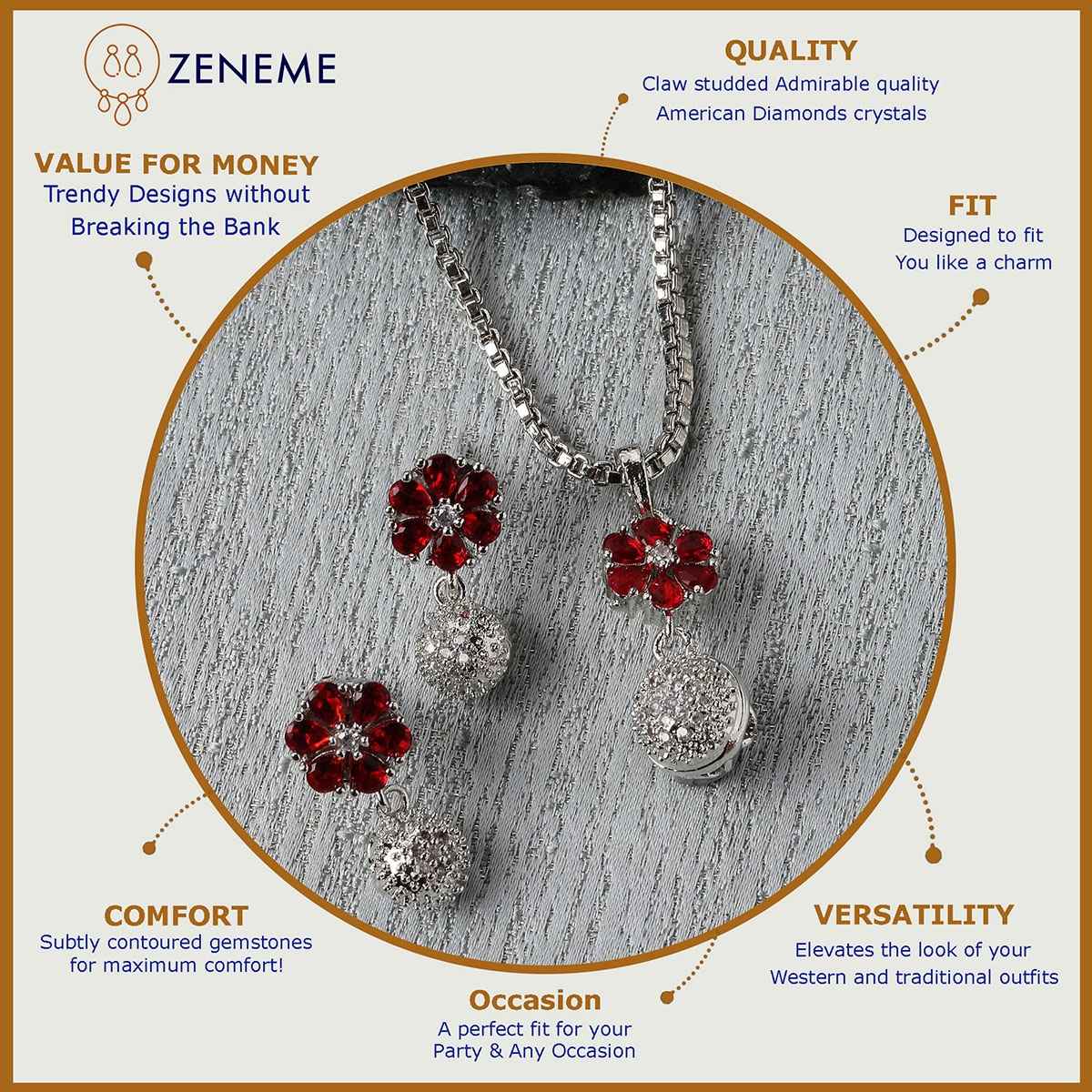 Zeneme Rhodium-Plated Silver Red CZ-AD Floral Cute Pendant Earrings Jewellery Set For Women & Girl