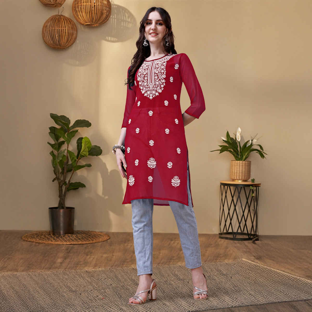 Youthnic Georgette Embroidered Embroidered Straight Short Kurti | B54 - Taara Maroon | L