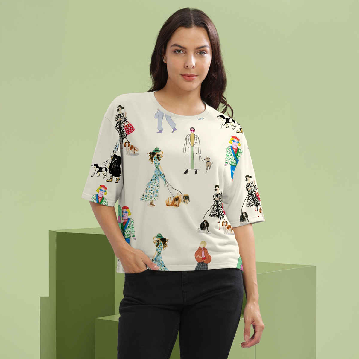 Hellcat Women's Printed Loose Fit Crew-Neck Crop T-shirt | Cream - L