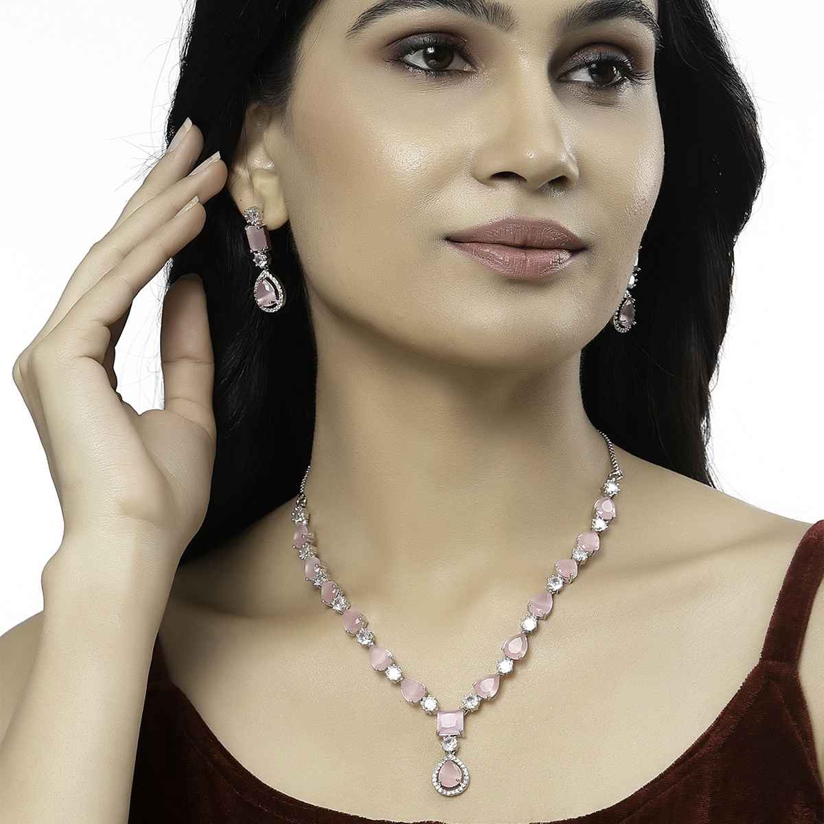 Zeneme Rhodium Plated AD-Studded Jewellery Set For Women & Girls