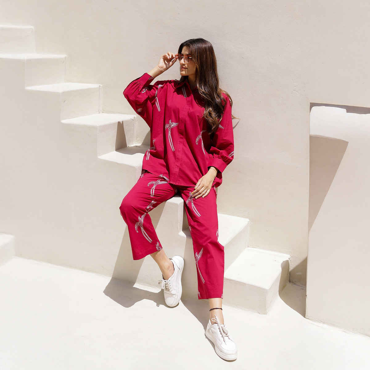 Sanskrutihomes Conversational Printed Pure Cotton Night Suit | Red - L