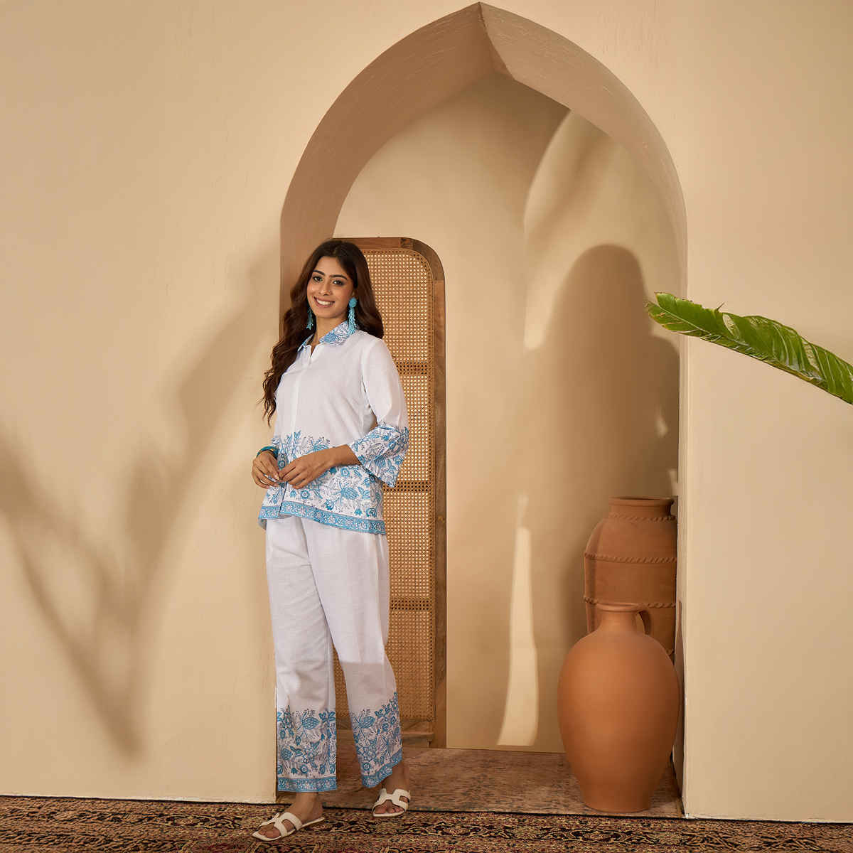 Bandia Women's Handblock Printed Shirt Style Coord Set | White & Indigo - L
