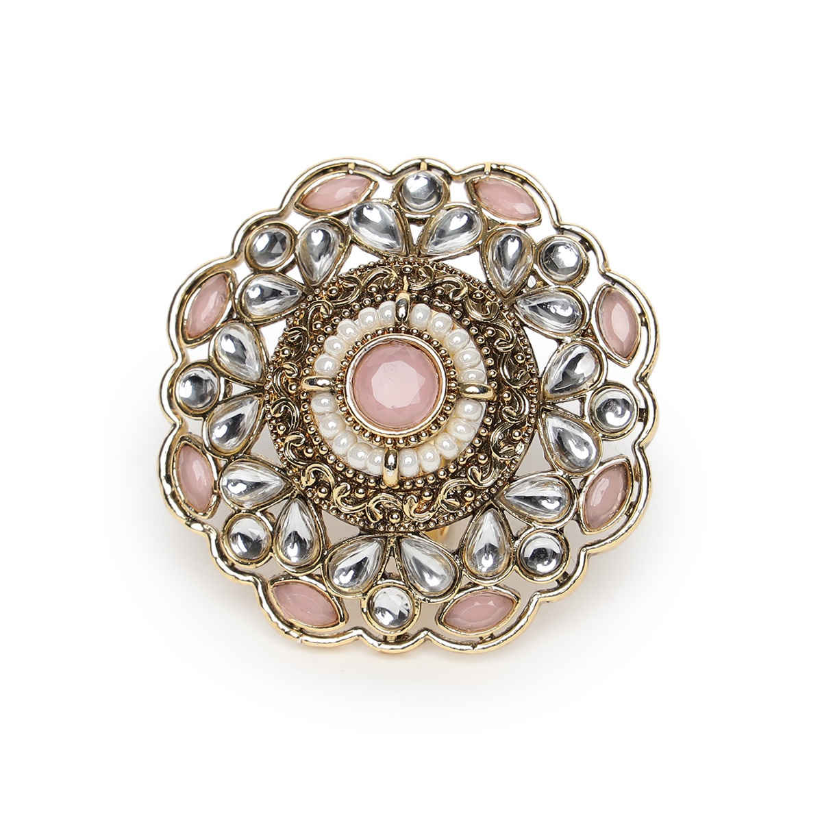 Aatmana Gold-Plated Pink Kundan-Studded & beaded Adjustable Traditional Finger Ring