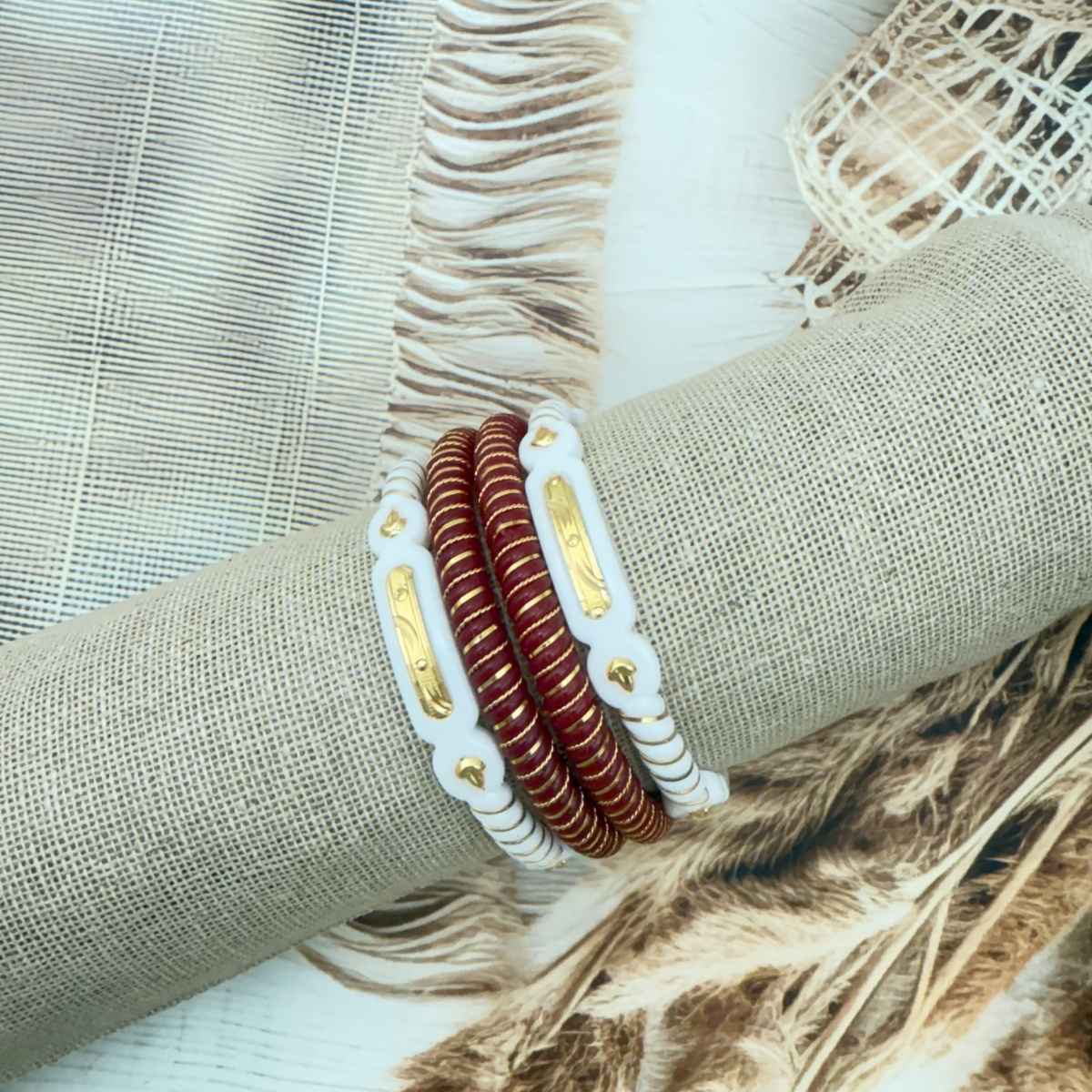 The Opal Factory | Sakha Pola | Gold Line Plastic Bangle | White and Red - 2.4