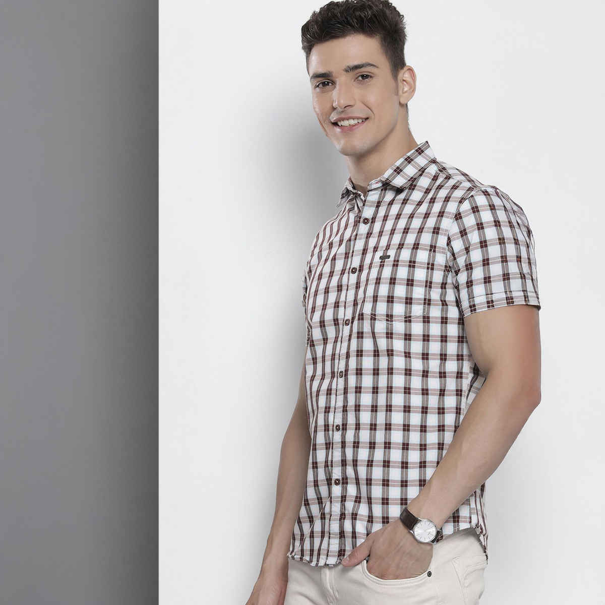 The Indian Garage Co Men's Slim Fit Checkered Casual Half Sleeve Shirt | Brown - L