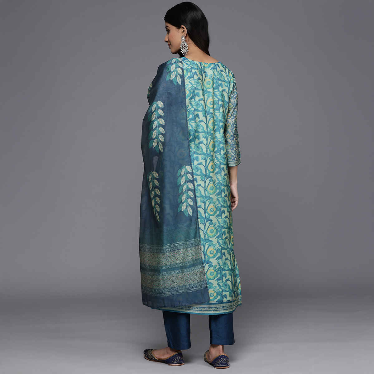 Varanga Women's Floral Printed Straight Kurta Paired with Tonal Bottom and Dupatta | Blue - S