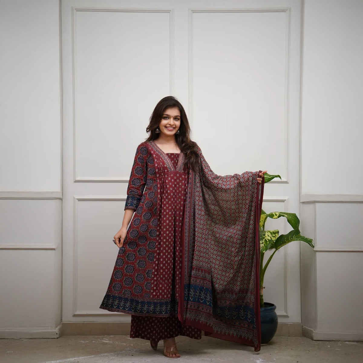 GoSriKi Women's Viscose Rayon Anarkali Printed Kurta with Pant & Dupatta | NAKULA | Wine - M
