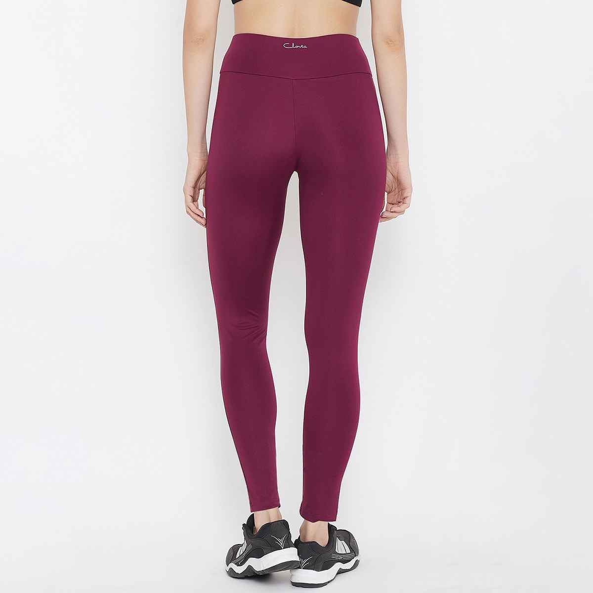 Clovia Snug Fit Active High-Waist Ankle-Length Tights (Burgundy - M)