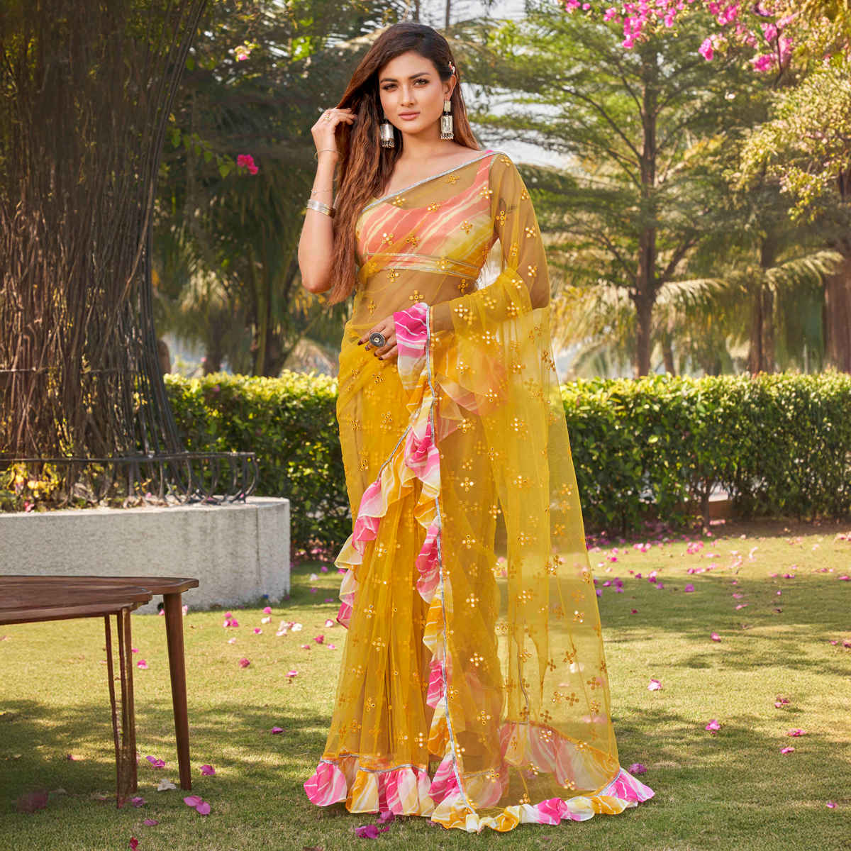 Tikhi Imli Women's Net Ruffle and Faux Mirror Work Saree with Unstitched Blouse | Yellow