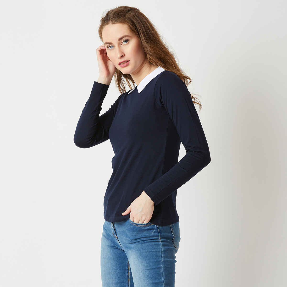 Round Collared Miss Chase Women Collared Round Neck Full Sleeve Cotton Solid Buttoned ...