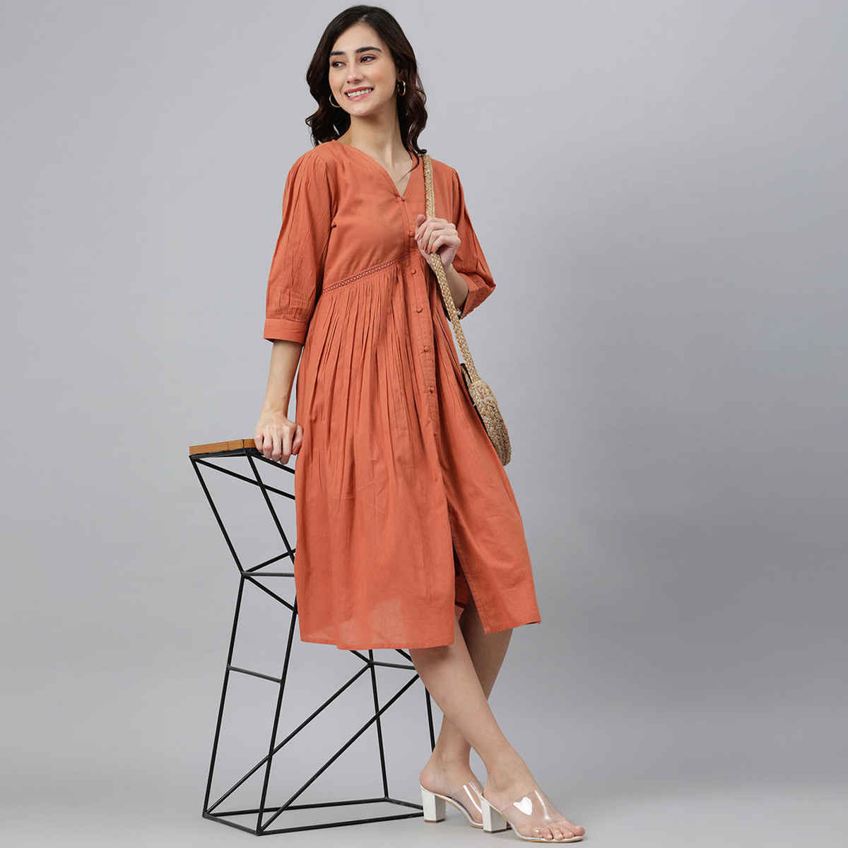 Janasya Women's Coral Orange Pure Cotton Solid Flared Dress - M