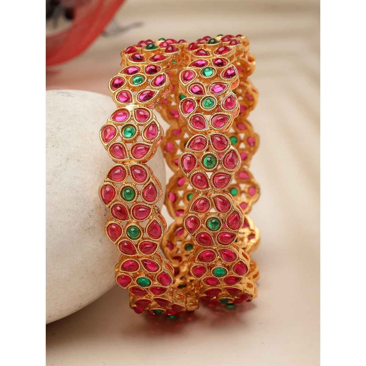 Sukkhi Floral Gold Plated Red And Green Broad Bracelets Bangle Set Jewellery for Women - 2.6