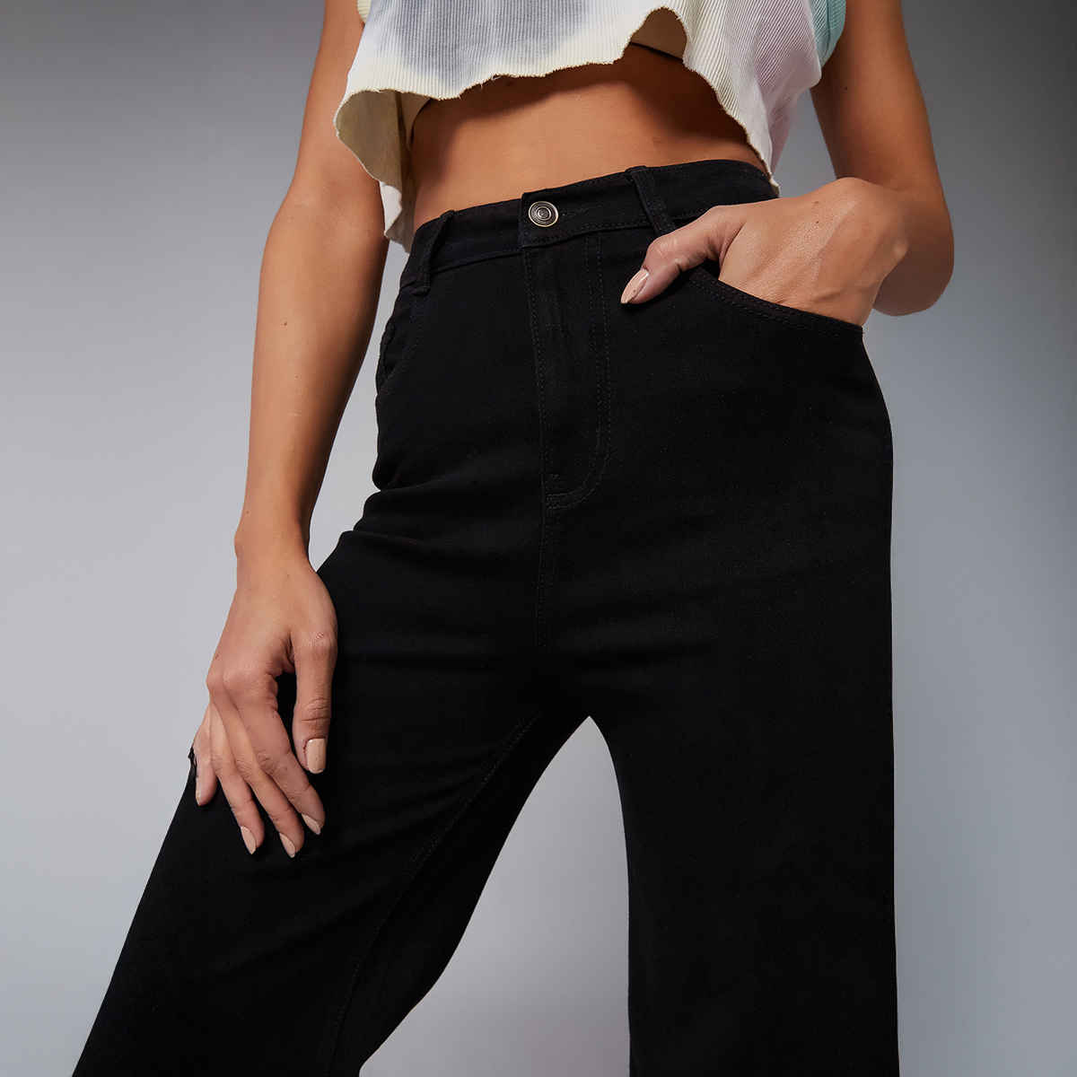 Miss Chase Women Wide Leg High Rise Clean Look Regular-Length Stretchable Denim Jeans | Black | 28