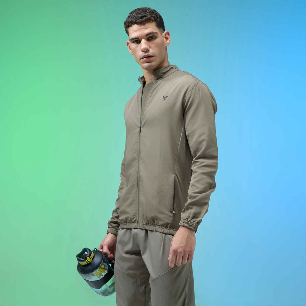 Technosport Men's Slim Fit Mock Neck Sports Jacket | TECHNOLITE Fabric | Olive - M