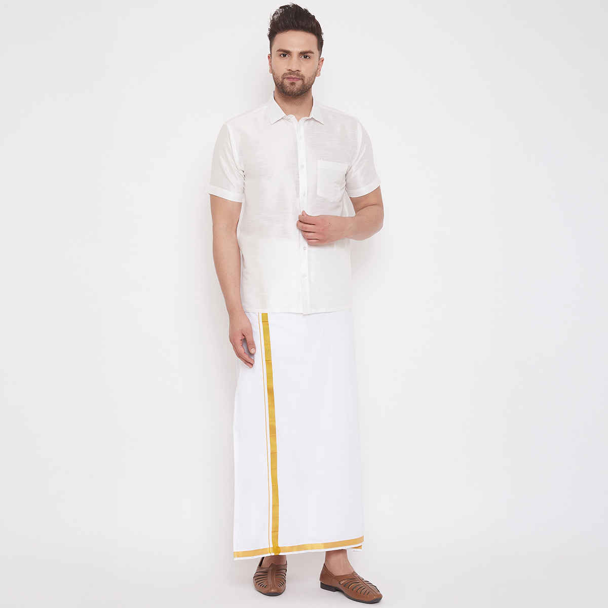 Vastramay Men's Ethnic Shirt | White Silk Blend - XL