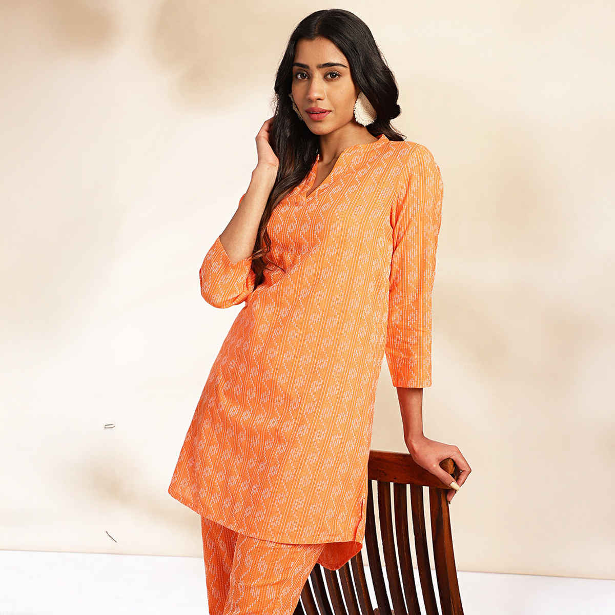 Janasya Women's Orange Pure Cotton Woven Design Regular Co-ord Set - S