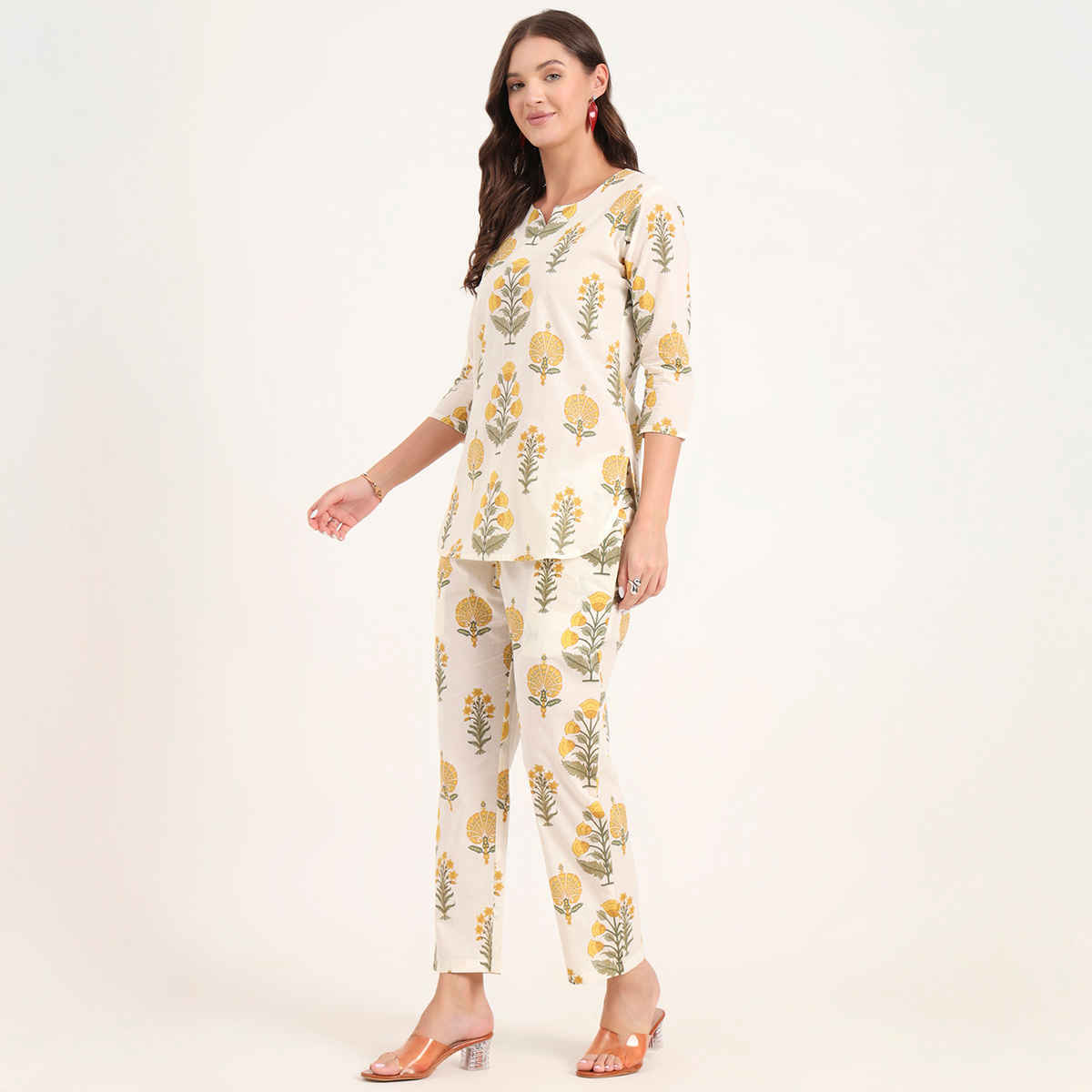 Divena Women's Cotton Floral Printed Night Suits | DK0288 | Cream - XL