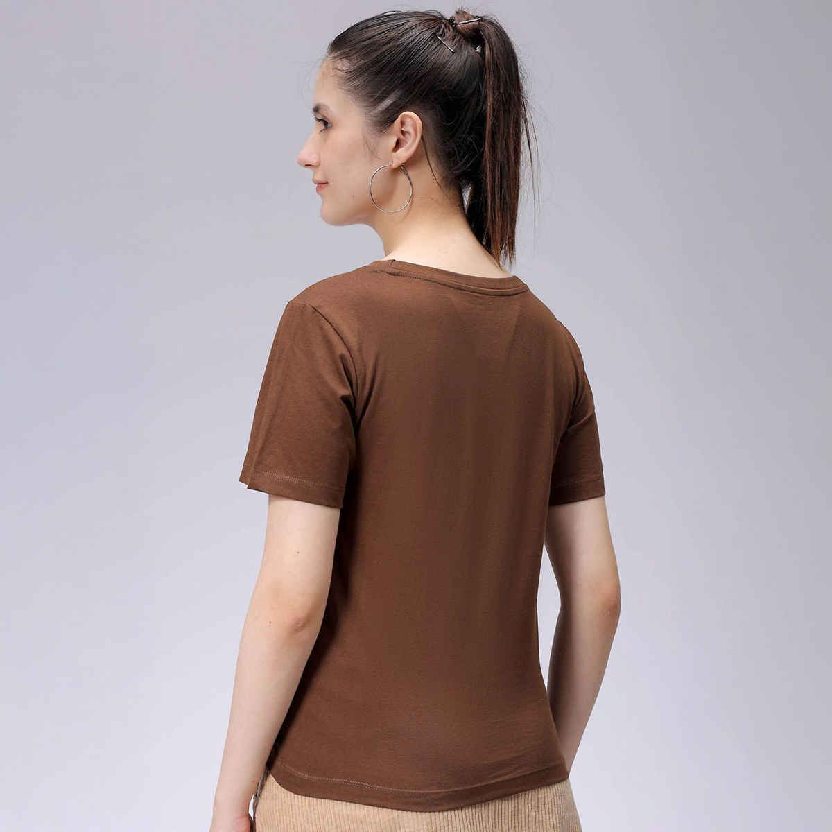 Freehand Women's Casual Regular Solid Crew Neck T-shirt | 0424-Zfhcntee3-09 | Sepia - XL