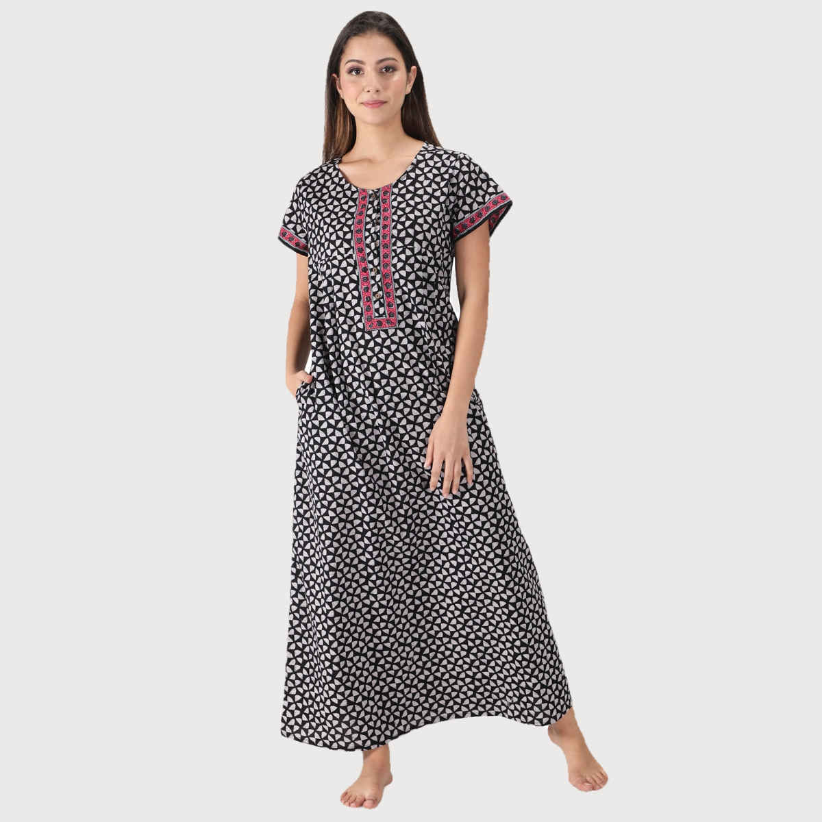 Nihsamah Women's Cotton Essential Button-Up Nighty | Full Length | Black & White - L