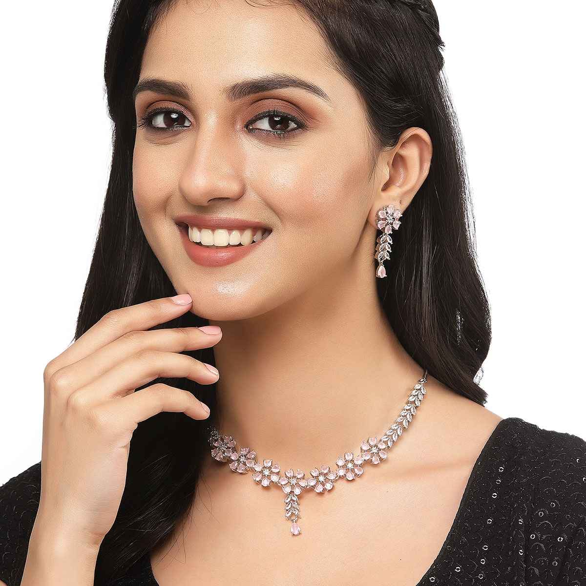 Zeneme Rhodium-Plated Pink American Diamond Necklace Earrings Jewellery Set for Women & Girls