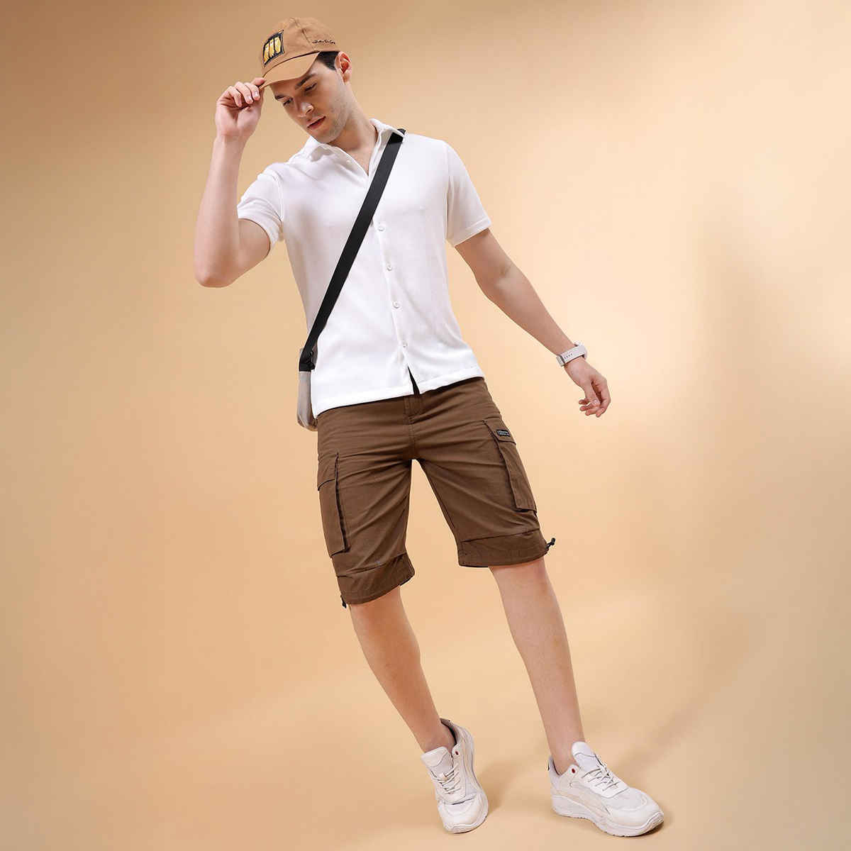 The Indian Garage Co Men Casual Coffee Brown Solid Cargo Parachute Shorts - 36 | 1022-Rpscrgsrt-12