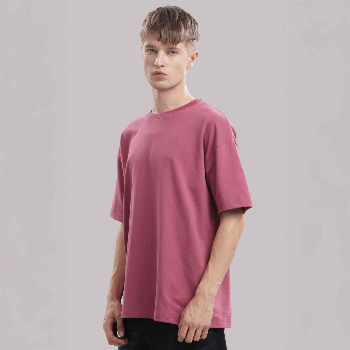 OUTLAWS Men's 100% Cotton Oversized T-Shirt | Half Sleeves | Round Neck | Pink - L
