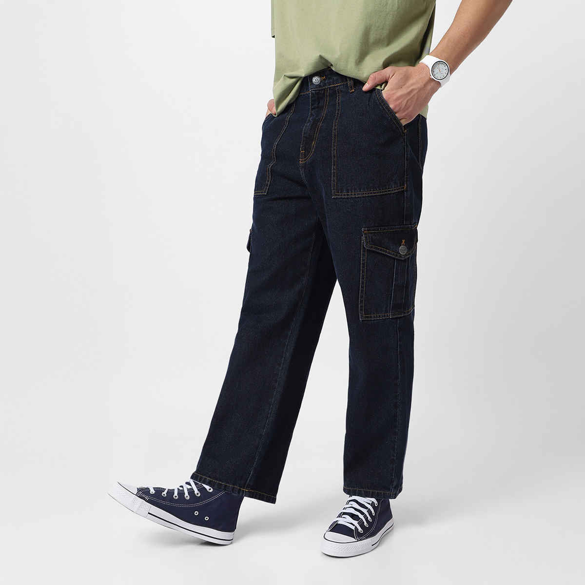 Urbano Fashion Men's Blue Loose Baggy Fit Cargo Jeans With 6 Pockets Non-Stretchable-30