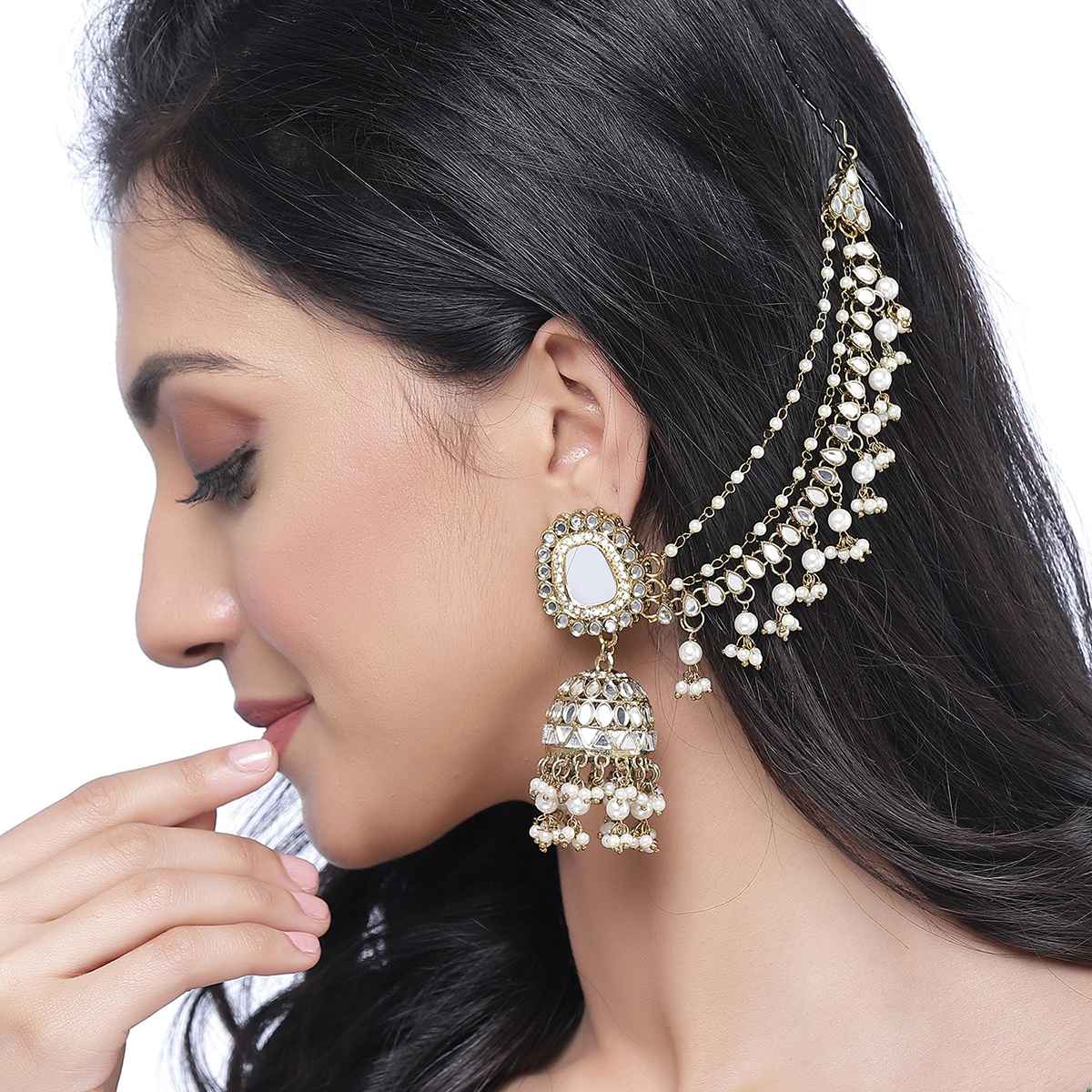 Zeneme Stylish Gold Plated Polki & Pearl Bahubali Jhumki Earrings Jewellery For Women & Girls