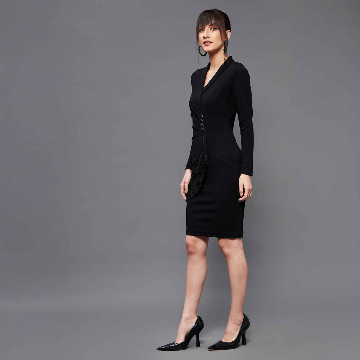 Miss Chase Women Solid Collared Neck Full Sleeve Polyester Bodycon Knee Length Dress | Black | S