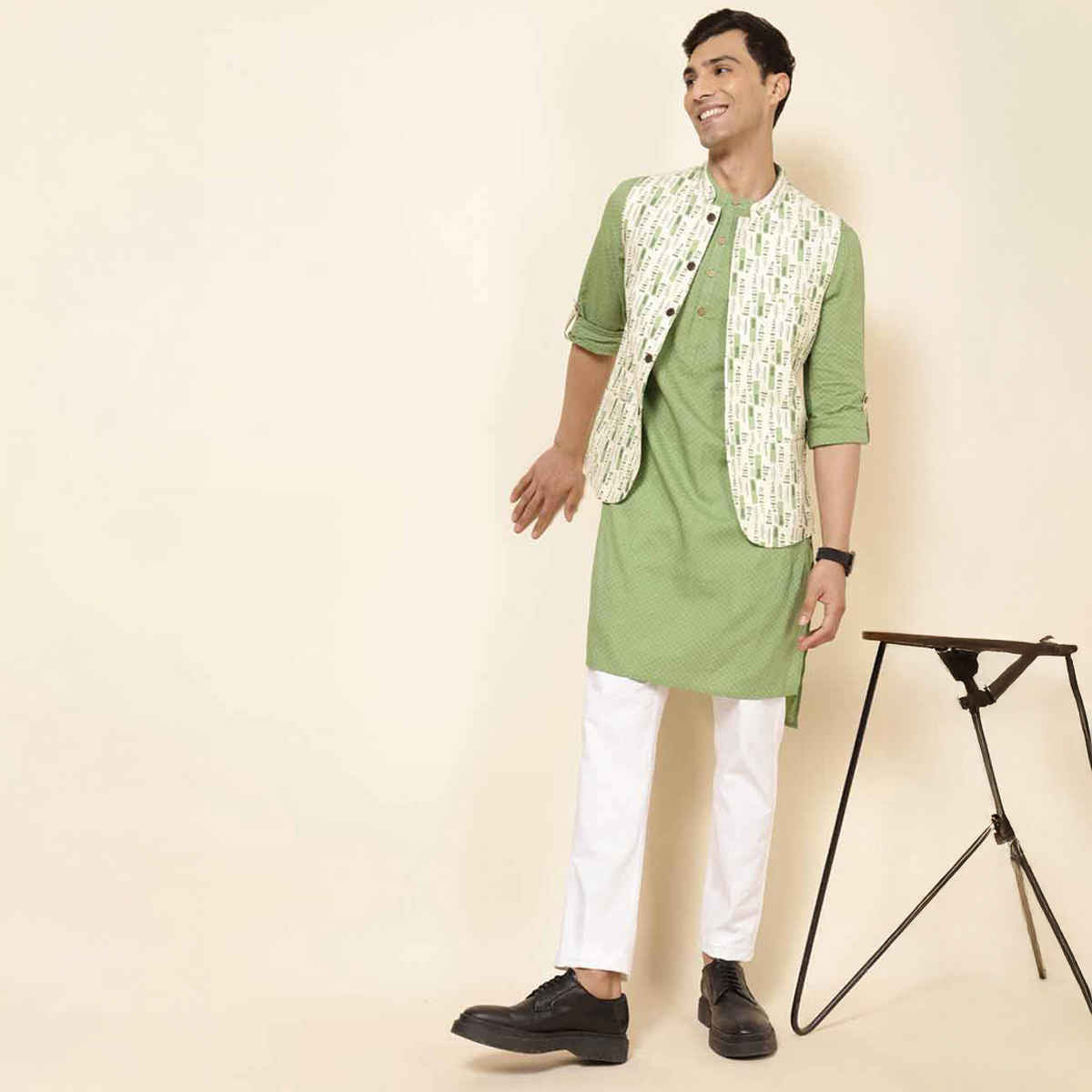Fabindia Men's Nehru Jacket Tribal Printed Slim Fit | Green - M